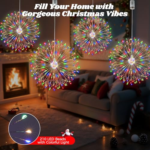 Lewondr Christmas Firework Lights, 4 Pack Hanging Fairy Lights with Remote, 210 LED Lights, 8 Modes, Waterproof Firework Starburst String Lights for Outdoor Indoor Home Decor, Multicolor by Lewondr - Image 4