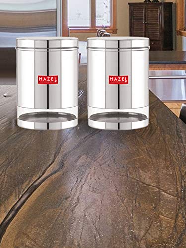 Image of HAZEL Stainless Steel Containers Set For Kitchen Storage Transparent See Through Glossy Finish Storage Jars Dabba, Set of 2, 3000 ML Each, Silver