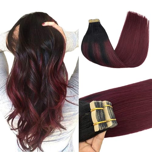Image of GOO GOO Tape in Hair Extensions Human Hair, 1 /99 Balayage Jet Black to Red, 16inch 50g 20pcs, Thick Ends Straight Seamless Tape in, Invisible Tape in Hair Extensions Human Hair