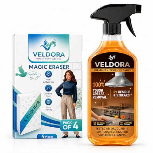 Image of Veldora Kitchen Cleaner Spray & Multi-Surface Eraser Sponge Combo (Pack of 4 Sponges + 1 Spray Bottle 500 ml) | 100% Tough Grease, Oil & Curry Stain Removal | Eco-Friendly & Chemical-Free Formula