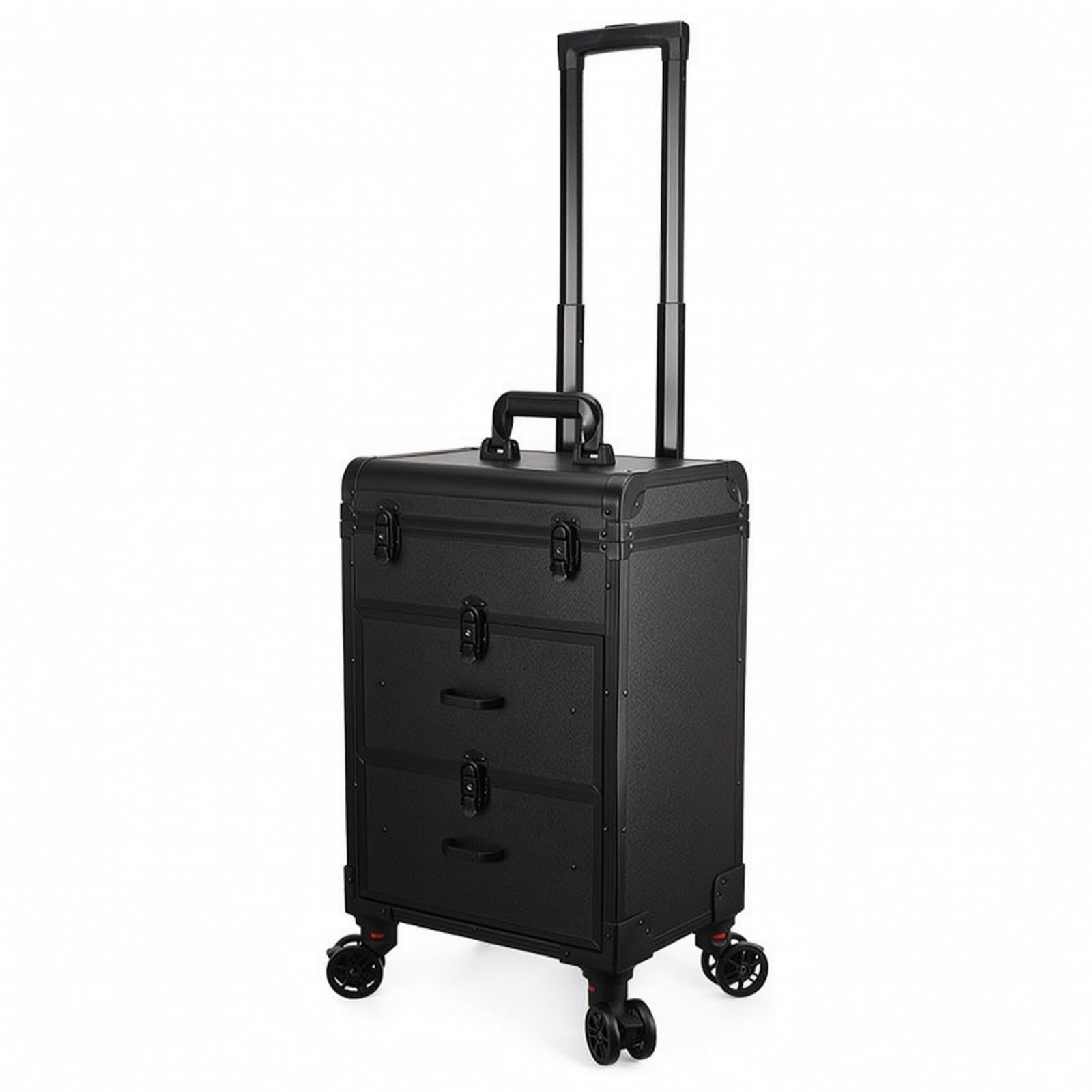 MERIGLARE Maquilleur Étui Valise Trolley Coffret Mallette Rigide Alliage d'Aluminium et MDF Poignée Télescopique Quatre Rouettes à Roulement Fluide, Noir, Noir