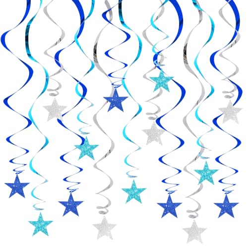 Image of BEISHIDA Blue Blue Silver Pre-Strung Glitter Stars Hanging Swirls Hanging Ornament Decorations for Birthday Party Baby Shower Congrats Grade Graduation Decorations,Pack of 15