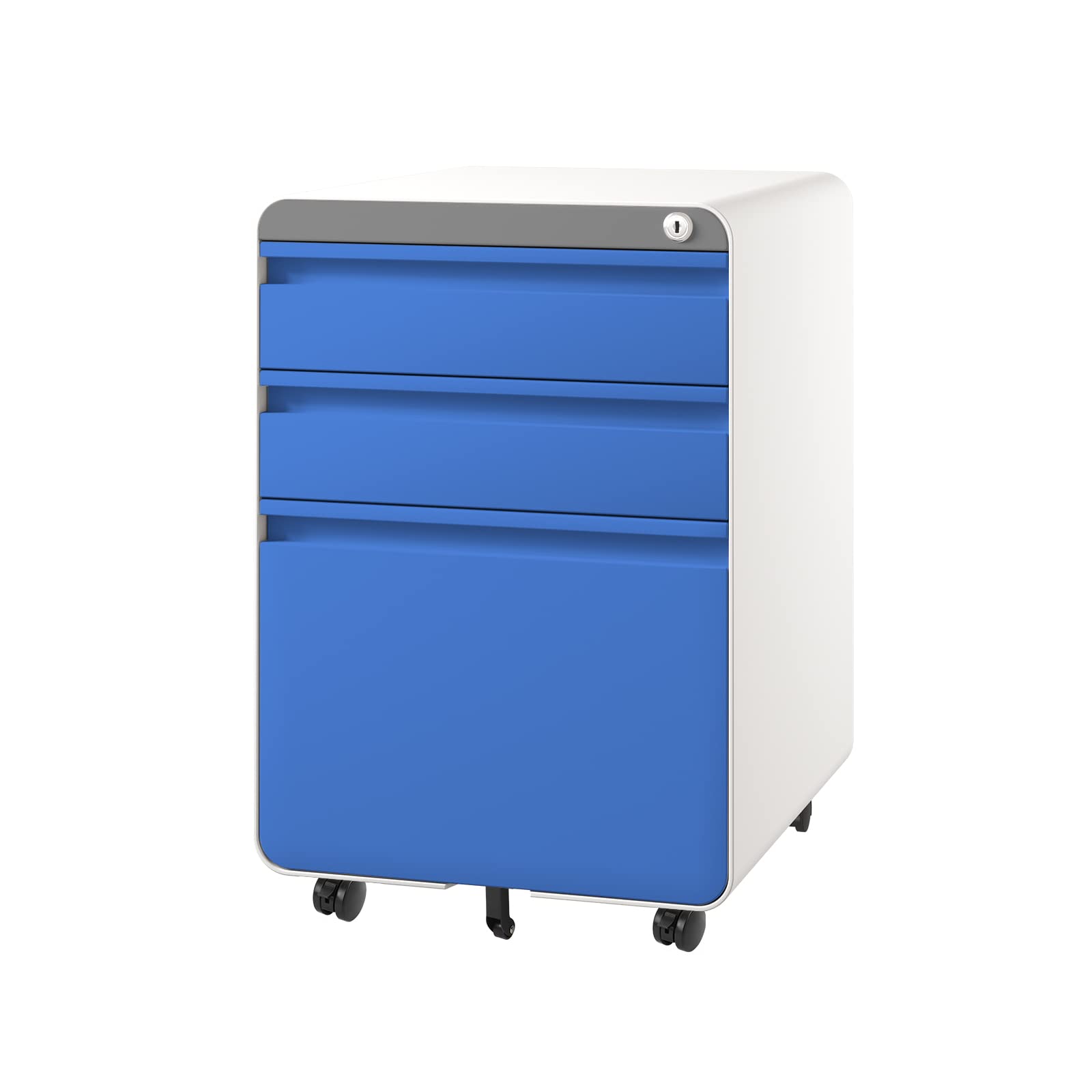 Dripex Caisson de Bureau à Roulette 3 Tiroirs, Meuble Dossier Suspendu, Caisson Métal Verrouillable 40 x 45 x 60 cm - Bleu Mate