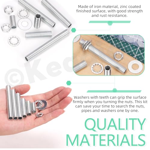 Keadic 140Pcs M10 Lamp Repair Hardware Assortment Set W Nuts Washers, 20/30/40/50/60/70/80mm Zinc Plated Hollow All Threaded Lamp Pipe for Chandelier Ceiling Light (1.0 Pitch)