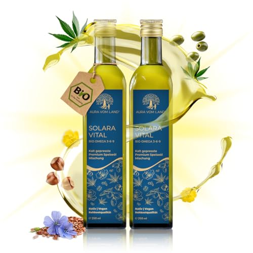 Aura vom Land Solara Vital 2x250ml Set – Exklusive Bio Omega 3-6-9 Öl-Mischung Kaltgepresst –Ausgewogenes Omega 3-6-9 Fettsäureprofil hochdosiert – Premium Speiseöl Vegan - Hergestellt in Bayern