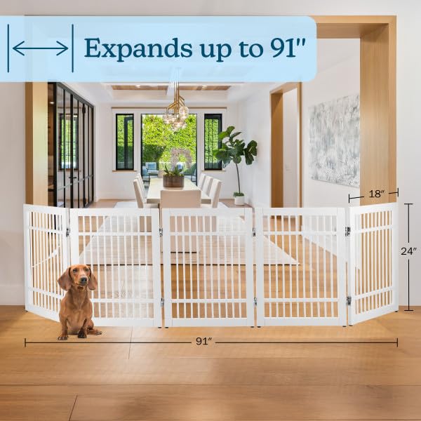 Freestanding Dog Gate - 5-Panel Foldable Indoor Pet Fence - 91x24-Inch Extra Wide Wood Dog Gate for Stairs, Hallways or Doorways by PETMAKER (White)