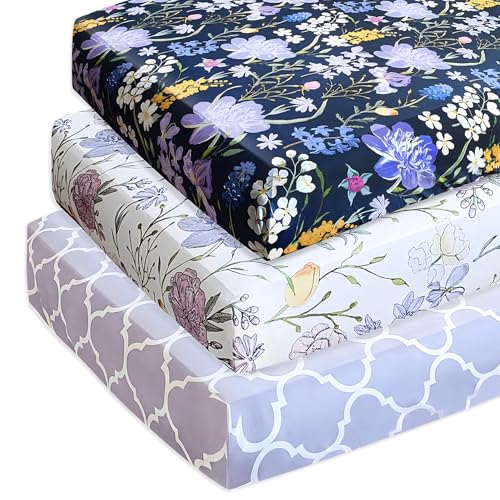 Image of AMROSE 3 Pack Soft Floral Crib Sheets for Baby Girls, 28'' X 52'' Fitted Crib Sheets for Crib and Toddler Mattress Pad, Silk Touch Gentle Breathable Microfiber, Violet