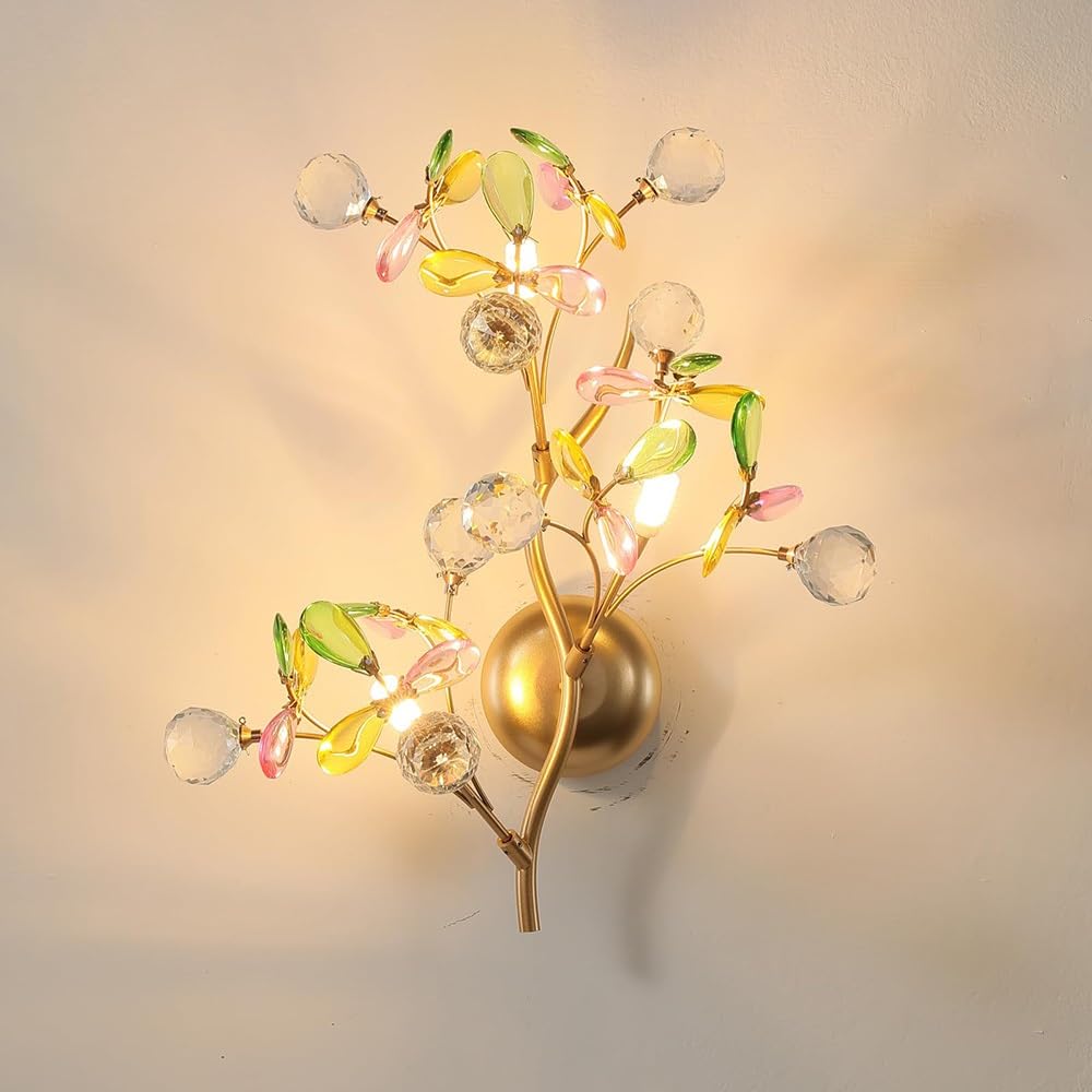 COSRUB French Crystal Wall Sconce, Gold Branch Wall Lamps Colorful Glass Dimmable Farmhouse Wall Mounted Light for Living Room Entryway Bedroom Bedside(3 Light(3000K))