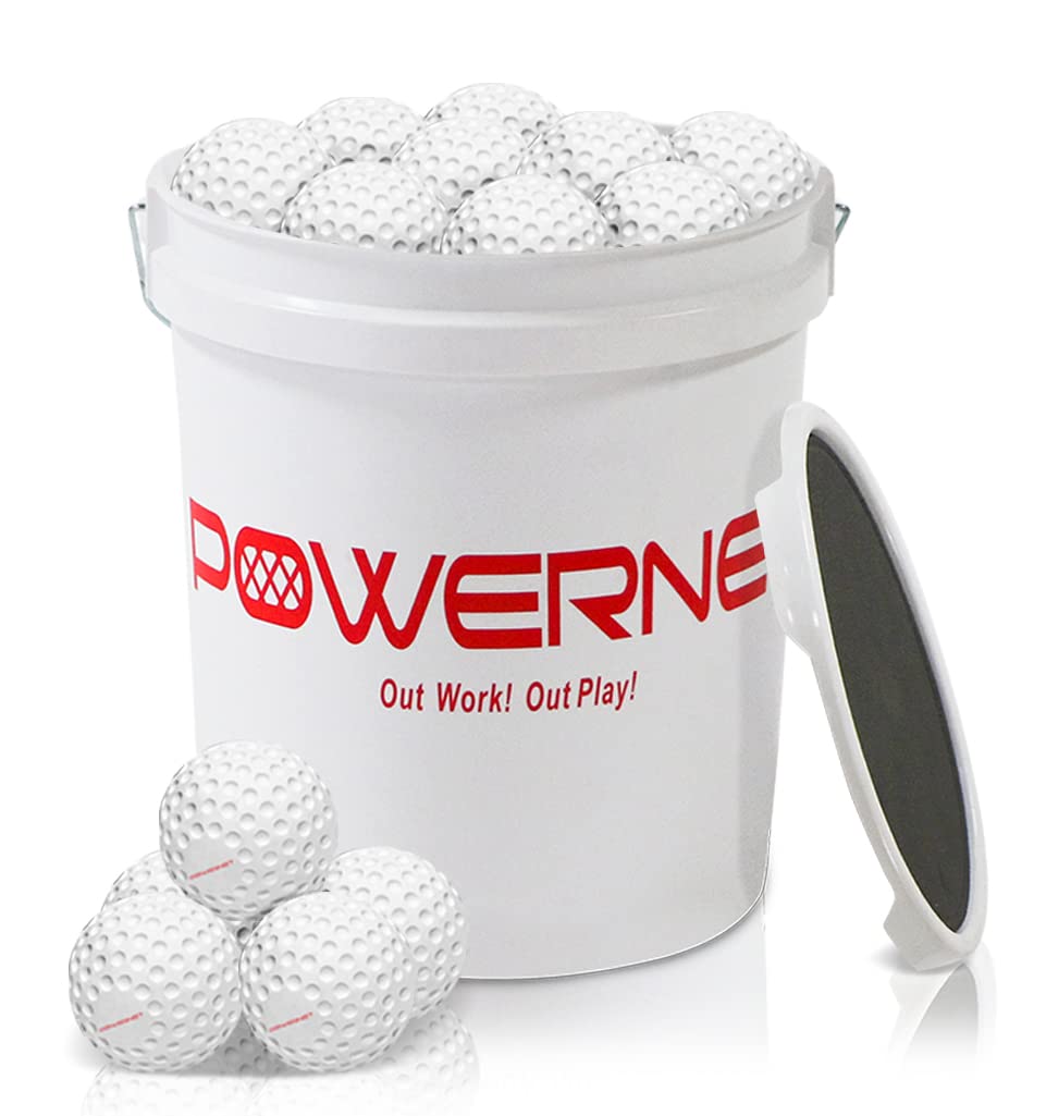 PowerNet Launch F-lite Softball & Baseball Pitching Machine, Dimpled Practice Balls, Bucket of Baseballs, Coaching Bucket Bundle for Pitching Machine, Baseball Training Equipment