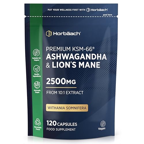 Ashwagandha KSM-66 and Lion's Mane 2500mg Capsules | KSM-66 Ashwagandha Root Extract & Lion's Mane Mushroom Extract, Enhanced with Black Pepper | 120 Vegan Capsules | Horbaach