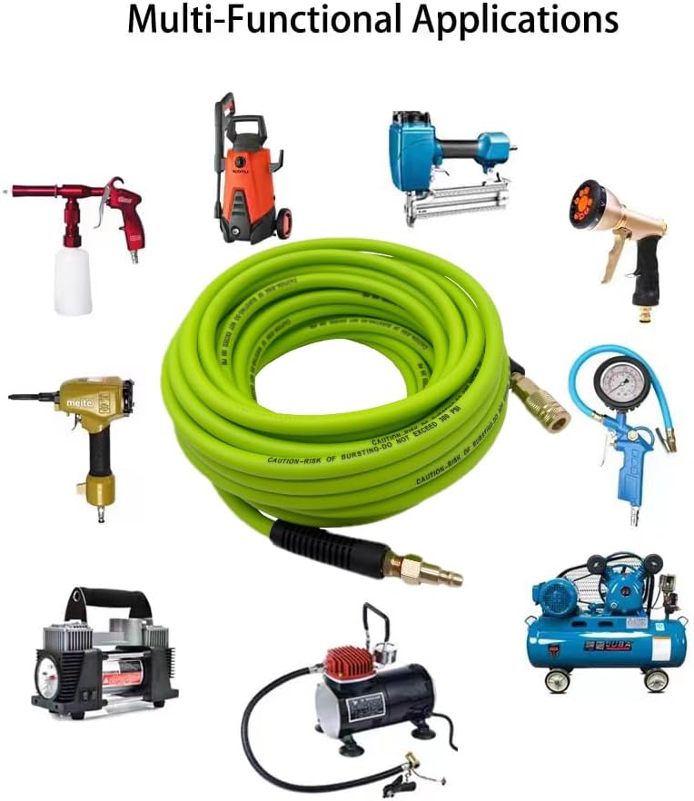 Hybrid Air Hose 1/4-Inch x 50FT,Air Compressor Hose 300 PSI Heavy Duty,Lightweight,Kink Resistant,All-Weather Flexibility with 1/4-Inch Industrial Air Fittings and Bend Restrictors,Green