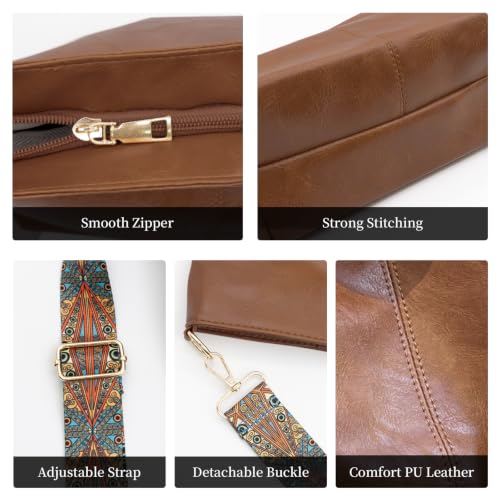 Image of Hobo Crossbody Bags for Women Vegan Leather Crossbody Bag Guitar Strap Purse Shoulder Bucket Bag Boho Tote Handbags Dark Brown