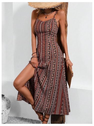 Women's Boho Split Thigh Vacation Midi Dress Spaghetti Strap Slim Fit Cami Slip Dresses2