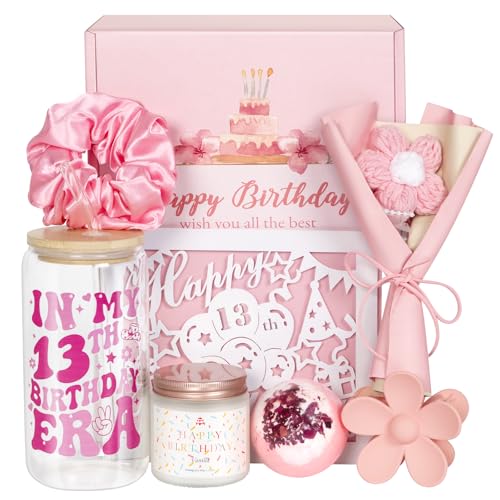 XGFYYMM 13th Birthday Gifts for Girls, 13 Year Old Gift Ideas for Official Teenager Girl, 7Pcs Happy 13th Birthday Basket Decorations Teen Trendy Stuff, Pink Presents Box for Her, Daughter, Niece