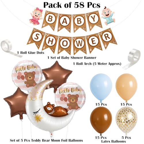 Image of Rozi Decoration Baby Shower Decoration Kit for Boy Girl, 58 Pcs Balloon Set with Teddy Bear Moon Foil Balloons, Baby Shower Banner for Welcome Prince Party Decoration