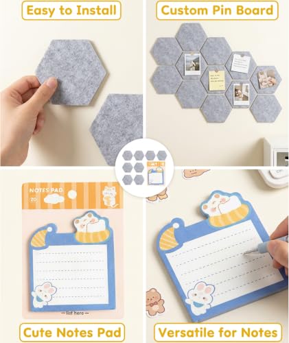 Image of 7Pcs Bulletin Board, Pin Board for Home Office Organization, Grey Felt Tiles with Random Stickers