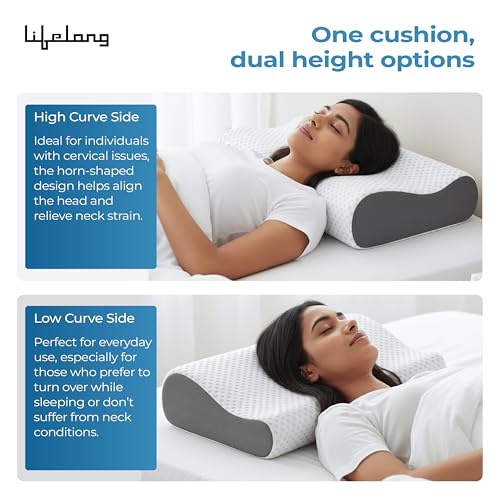 Image of Lifelong Memory Foam Cervical Pillow for Neck Support | Orthopedic Contour Foam Pillow for Neck Pain with Breathable Cover | Fits Side & Back Sleepers | Pain Relief for Adults | Comfortable Bed Pillow