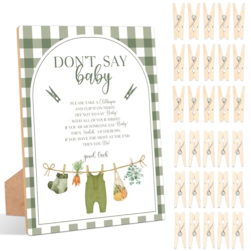 Locally Grown Don't Say Baby Clothespin Game, Pack of 1 Wooden Tabletop Sign with Stand and 50 Mini Natural Clothespins, Farmers Market Shower Game, Gender Reveal Party Decorations - FN06