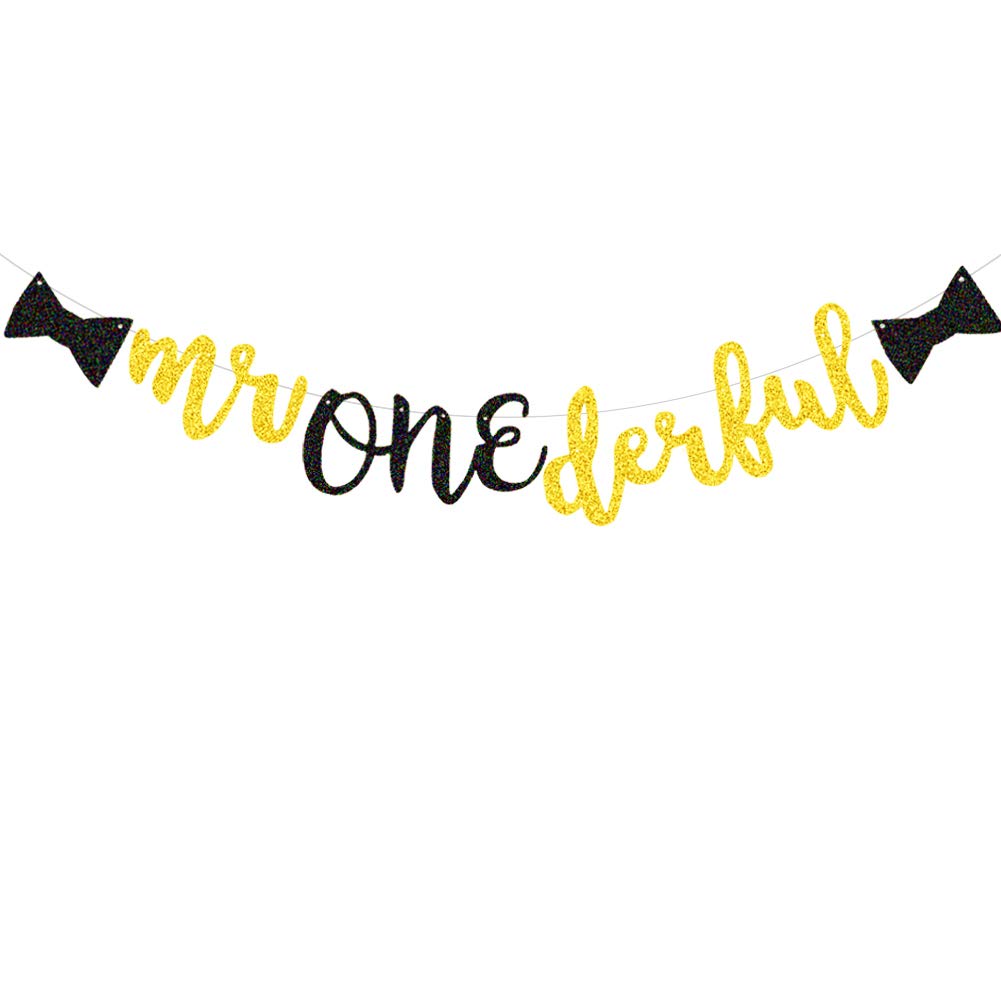 Mr Onederful 1st Birthday Party Banner - Boy 1st Glitter Banner for Little Man/Wonderful One/Bow Tie/Moustache Theme Baby Boys 1st Birthday Party Supplies Decorations