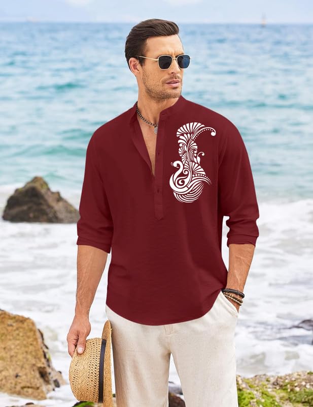Image of FINIVO FASHION Men's Printed Cotton Blend Short Kurta with Artistic Chest Design | Stylish Full Sleeve Casual Kurta with Mandarin Collar for Daily, Travel Soft Textured