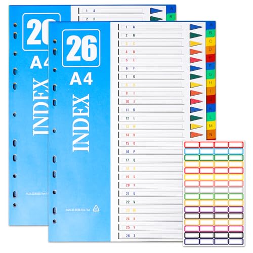 2er Set A-Z Register Trennblätter für Ordner A4 26-Teilig Alphabet Trennblätter aus PP 11-Loch Passend für Ringordner & Hebelordner Bunt Indexblätter für Büro & Schule