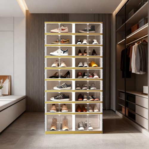Image of SYNCVIBE Shoe Rack Organizer for Closet Entryway Foldable Sneaker Storage Shoe, Collapsible Shoe Cabinet, Stackable Shoe Storage Cabinet with Lids for Living Room (9 Tiers -36 Pairs White Gold)