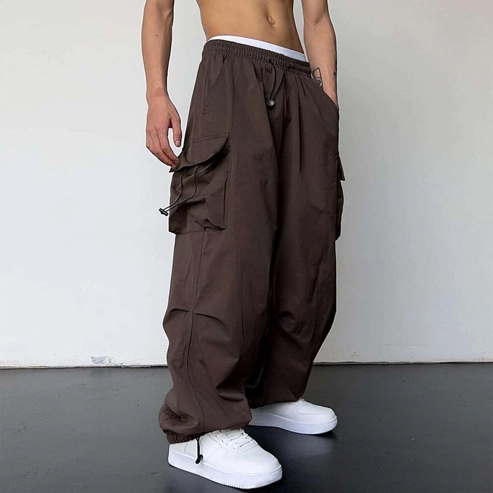 Męskie spodnie do biegania, luźne spodnie cargo z kieszeniami, spodnie dresowe Y2K, długie spodnie Streetwear ze sznurkiem (brązowy, 3XL)
