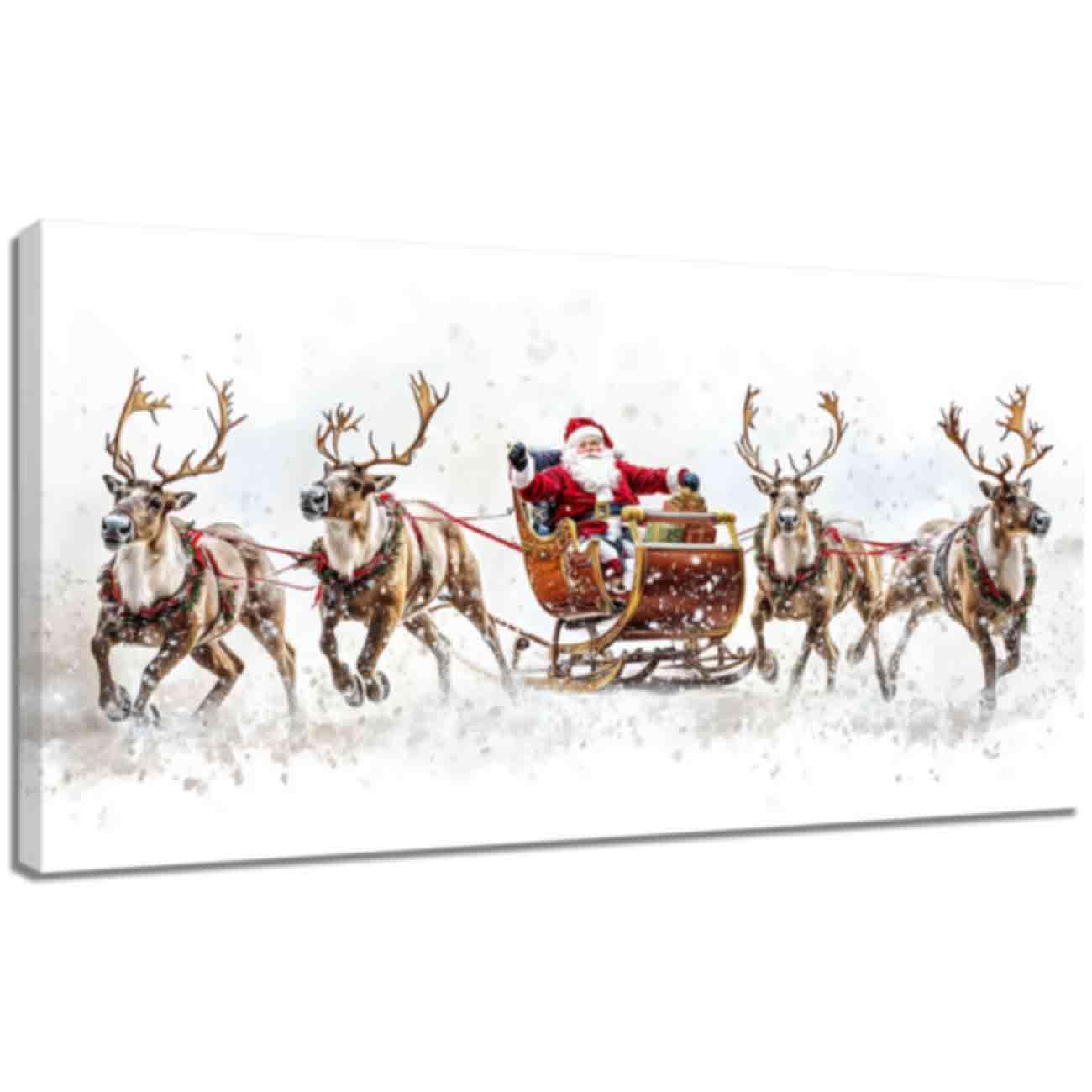 ZQQART Christmas Wall Art Santa Claus on the Sled Canvas Prints Christmas Reindeer Picture Winter Scene Poster Christmas Party Decor (White,10.00" x 20.00")