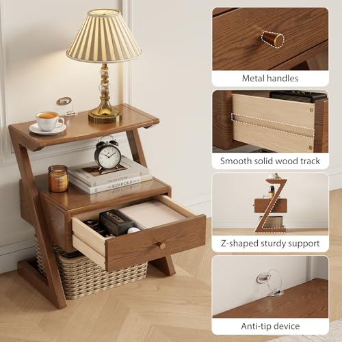 Image of Solid Wood nightstands Set of 2 with Open Shelf and Drawers, Z Wooden Set of 2 nightstands with Open Storage, Bedside Table Set of 2 for Bedroom, Modern Mid Century end Table.