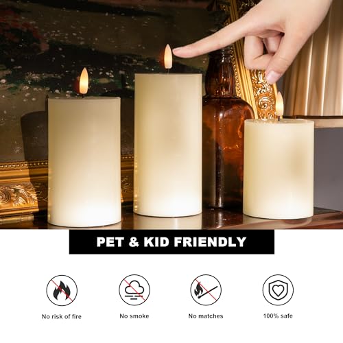 Image of Flickering Flameless Candles, Real Wax Battery Operated Candles with Remote, Flat Top Led Flameless Pillar Candles for Home, Wedding, Party Decor, Set of 3, Φ 3 inch H 4 inch 5 inch 6 inch, Ivory