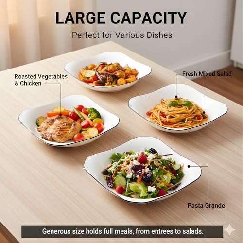 Image of 8.5 Inch Modern White Ceramic Square Serving Plate, Elegant Porcelain Dessert & Salad Plate with Minimalist Black Rim, Stackable Nordic Style Dishware for Appetizer, Fruit, and Sushi (Set of 4)