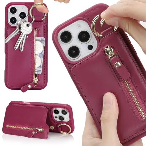 Étui portefeuille iPhone 16 Havaya en cuir rose rouge avec porte-cartes et fermeture éclair