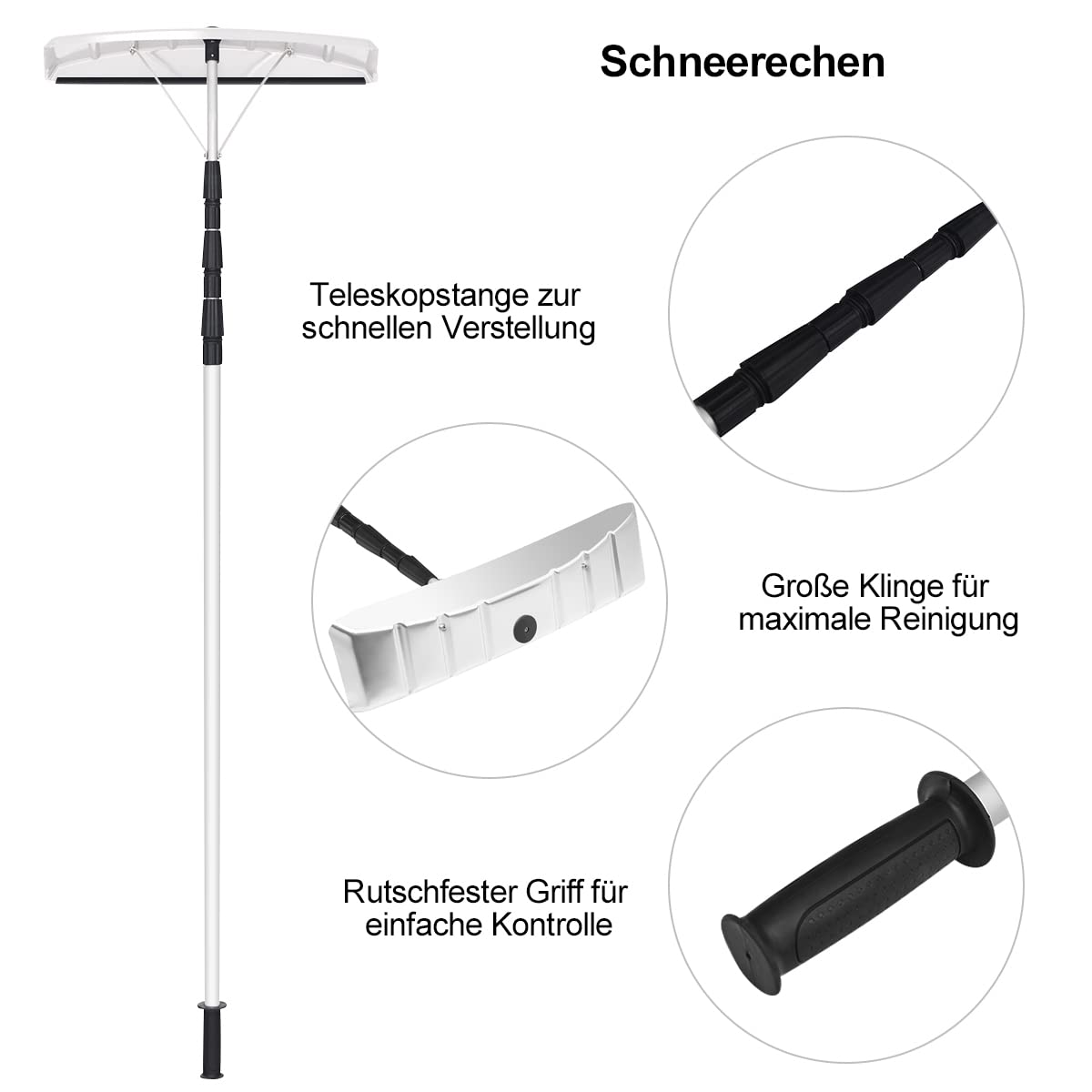 COSTWAY Schneeschaufel Dach mit Gummielippe, Einstellbereich 201-630 cm, Schneeräumer aus Aluminium, Dachräumer Schneeschieber Dachschneeräumer für Solaranlage und Dach