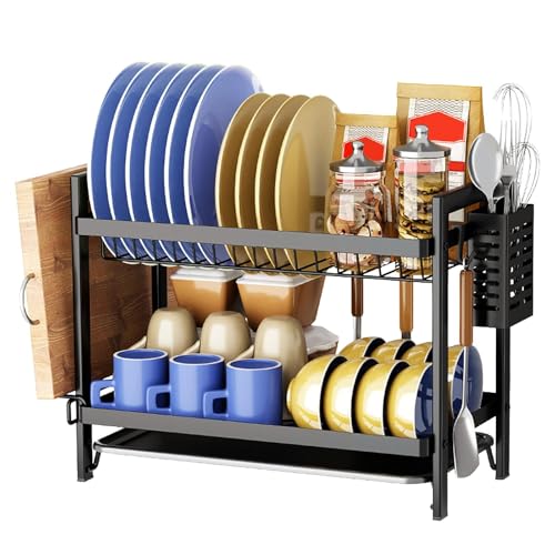 LxsNyvantic Abtropfgestell Geschirr 2 Ebenen, Geschirrabtropfgestell Schwarz 44×24×34 cm, Metall Geschirrständer Mit Besteckhalter & Abtropfschale, Platzsparender Abtropfkorb Für Küche Spüle