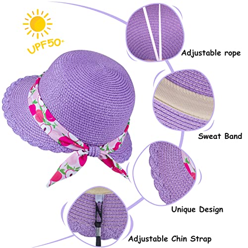 Girls Straw Sun Hat with Chin Strap and Two Cute Brooches Summer Beach UV Protection3