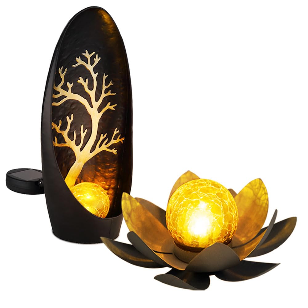 GLOBO Solarleuchte Lotusblume Außen Garten Dekoleuchten Solar Außenleuchte Solar Blume, Crackle Glas Lichteffekt, 1x Lotusblume 1x Stehlampe, LED warmweiß, 2er Set