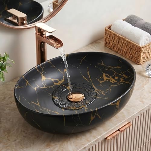 Image of BASSINO 20x16x5 Inches Ceramic Table Top Wash Basin /Designer Bathroom Sink /Luxury Countertop Vessel Basin /Oval Above Counter Basin /Wash Basin for Bathroom /Dining Hall /Vanity Sink(Matt Black Marble)
