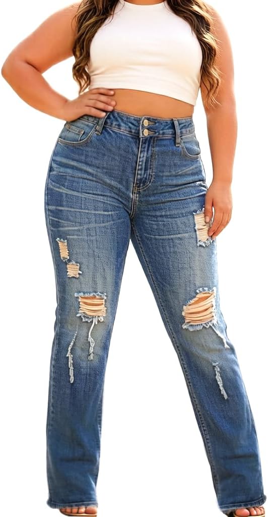 Cuyulitcik Womens Plus Size Jeans Stretchy Plus Size Jeans High Waisted Flare Bootcut Denim Pants Black