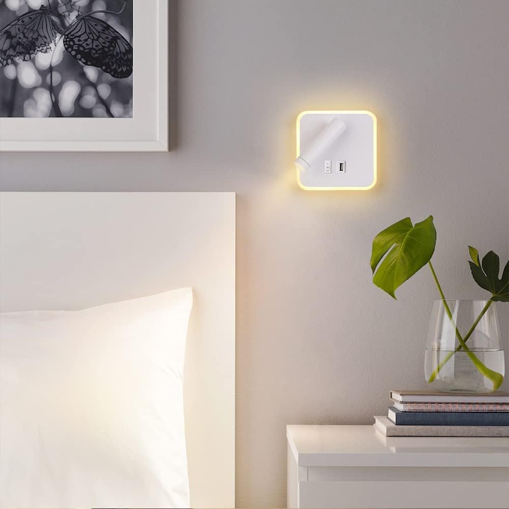 ERWEY Kinkiet LED 8 W lampka nocna do czytania Lampa ścienna z regulowanym reflektorem (3W 4000K +5 W 3000K) z portem ładowania USB (kwadrat, biały)