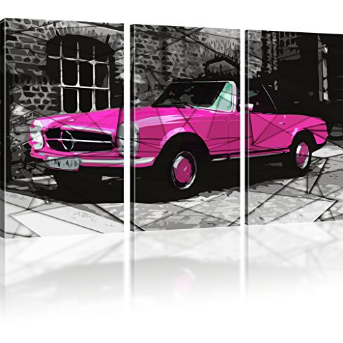 KL KUNSTLAB Leinwandbild Oldtimer Auto Wandbild Vintage Altes Auto Bild auf Leinwand - 165x100 cm 3-Teilig: Pink Cover