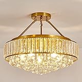 YYJLX 6-Light Modern Large Crystal Chandelier Gold Metal E26 Semi Flush Mount Round Ceiling Light Fixture Ceiling Lamp Farmhouse for Dining Room Living Room Laundry Room Foyer Kitchen Bedroom