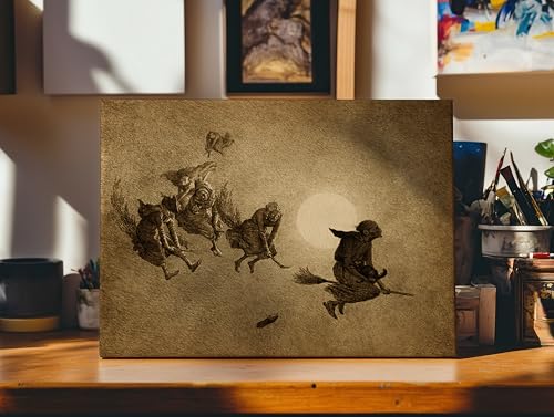 Image of Poster Master Witches Ride Canvas - Retro Flying Witches Print - Halloween Art - Gift for Men & Women - Pagan Art - Gothic Wall Decor for Living Room, Bedroom or Dorm - Available in 8x10 to 30x40