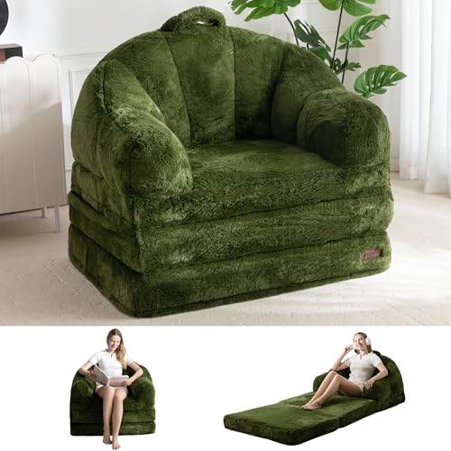 Image of MAXYOYO Folding Sofa Bed, 2 in 1 Convertible Sofa to Lounger Comfy Single Bean Bag Chair for Adults, Floor Couch with Handle, Faux Fur Couch Bed for Living Room Bedroom, Green