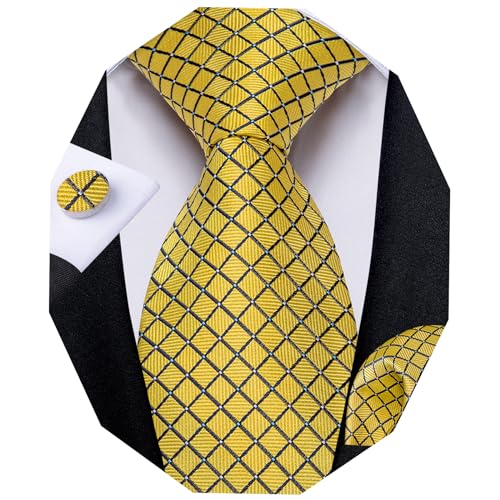 Image of DiBanGu Mens Yellow Plaid Tie Woven Checkered Necktie with Pocket Square Cufflinks Sets in Gift Box Party