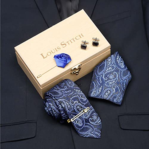 Image of LOUIS STITCH Mens Silk NeckTie Golden Tiepin Gift Combo Set With Pocket Square Cufflinks Brooch Tie Golden Tiepin (Suit Accessories) (Britain)