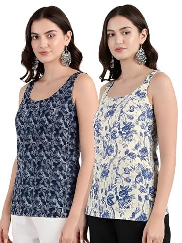 Image of Pinkmint Women Cotton Blend Printed Short Kurti Top (Pack of 2) | Stylish Casual Wear | Sleeveless Top | Back Dori Design | Comfortable Kurta Tops