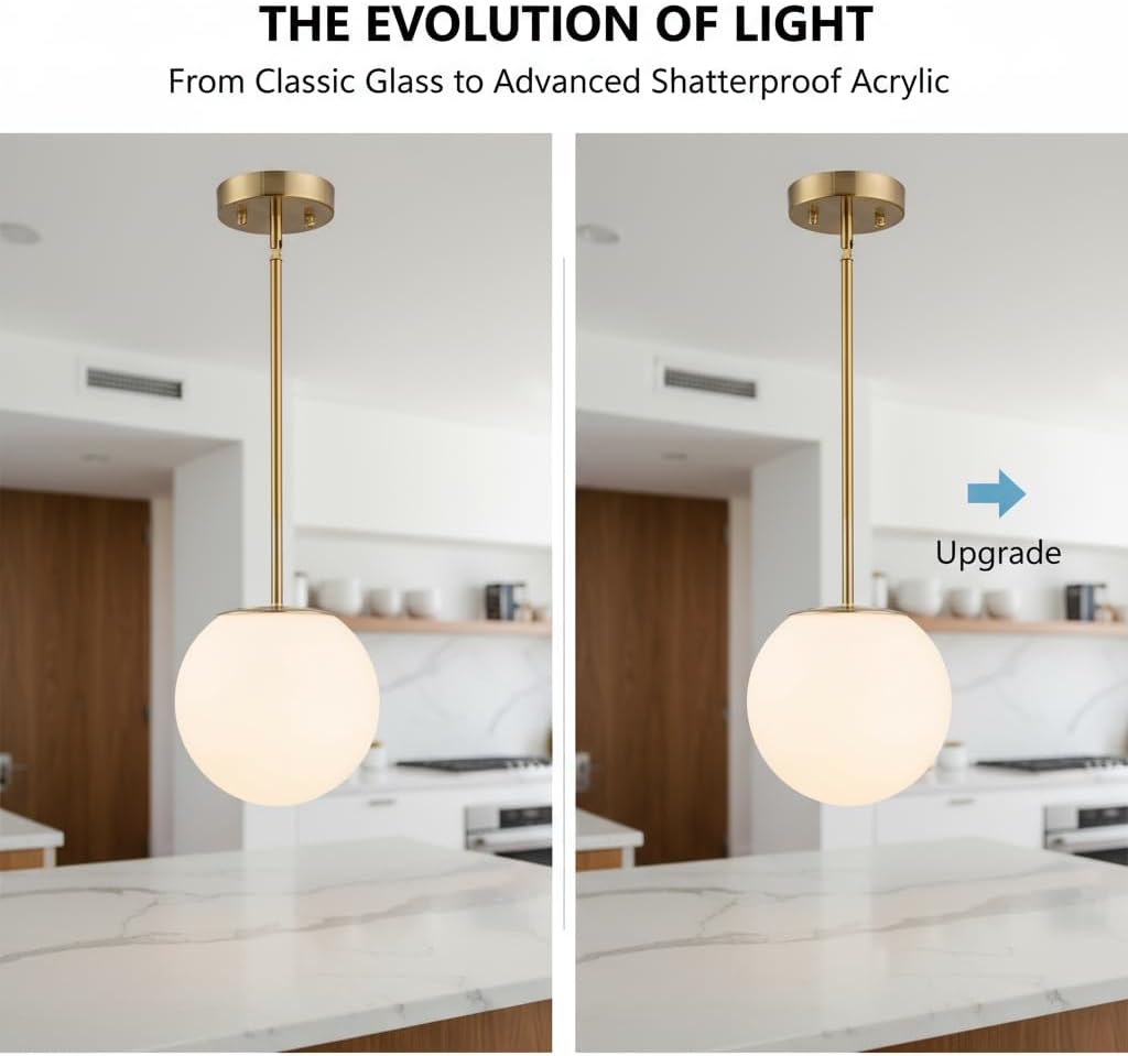 Modern Globe Pendant Light – Large Mid Century, Shatterproof Acrylic Opal Shade, Gold Finish, 2-Light, Adjustable Height for Sloped Ceilings, Hanging Lamp for Kitchen Island Dining Room Hallway