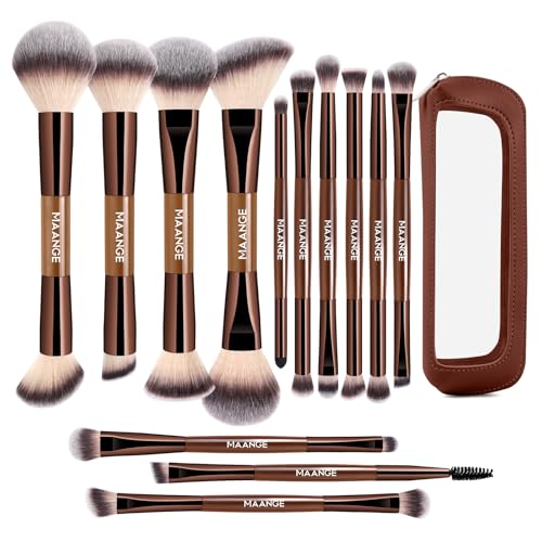 MAANGE 13 Pcs Foundation Makeup Brush Set With Bag Make up Brushes Double-End Multi Functional Makeup Brushes Professional Face Brush Set Tools For Liquid Powder Concealer Cream Blush (Coffee)