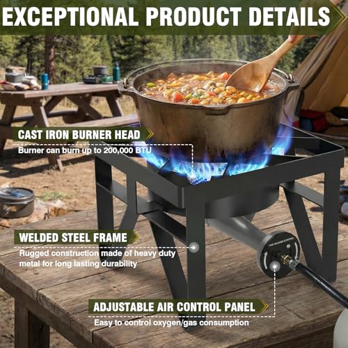 Image of BESTFIRE 200,000 BTU Heavy-Duty Propane Burner - Outdoor Stove with 0-20Psi Adjustable Regulator & Black Hose - Ideal for Home Brewing, Turkey Frying, Camping & Backyard Cooking
