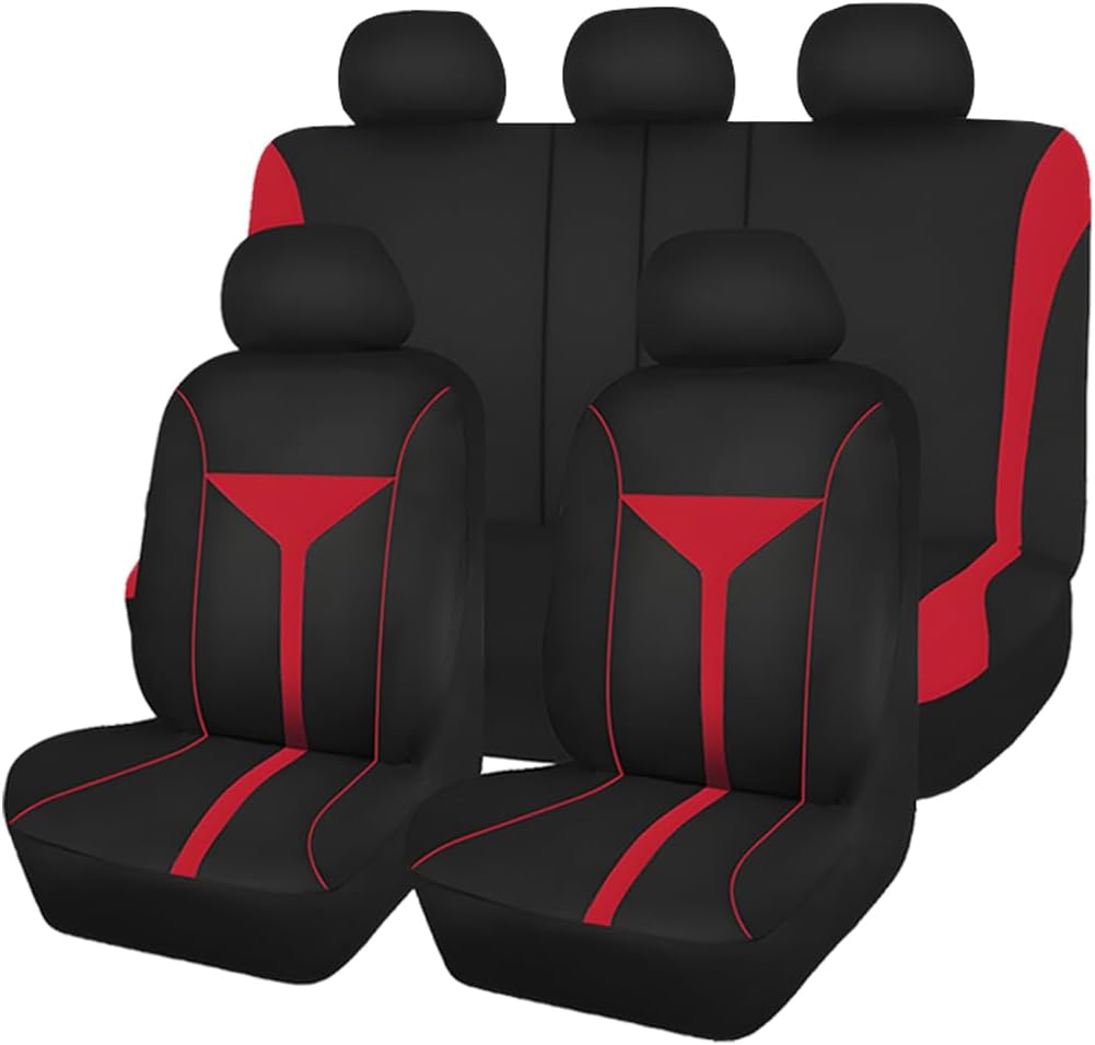 Car Seat Cover Full Set, Breathable Vehicle Front Seat and Rear Bench Split Protector, Washable Dustproof Automotive Seat Pad Accessories, Universal for SUV, Truck, Sedan (Red)